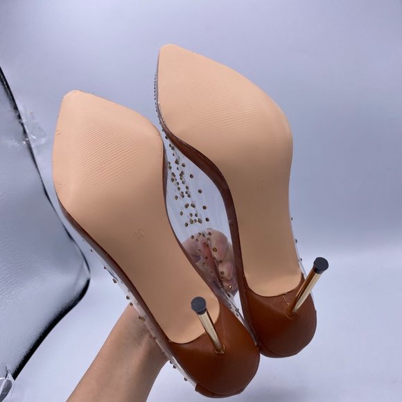 FSJ Brown Studded Pointed Toe Transparent Pumps - Picture 8 of 9